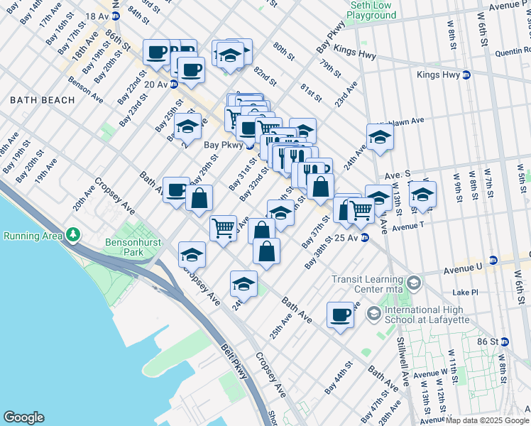 map of restaurants, bars, coffee shops, grocery stores, and more near 65 Bay 34th Street in Brooklyn