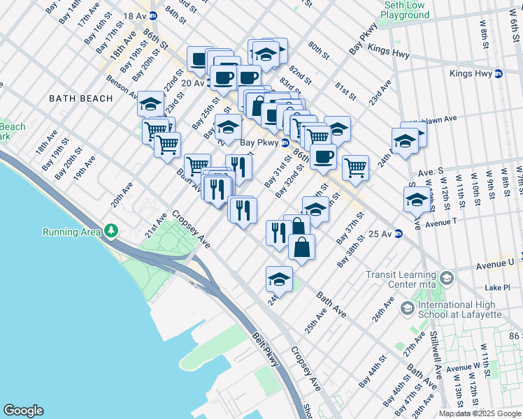 map of restaurants, bars, coffee shops, grocery stores, and more near 114 Bay 32nd Street in Brooklyn