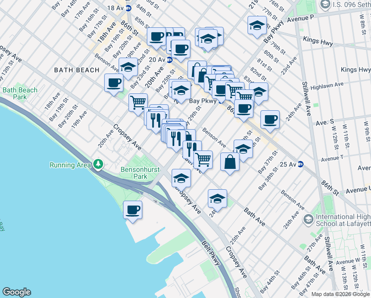 map of restaurants, bars, coffee shops, grocery stores, and more near 8735 Bay Parkway in Brooklyn