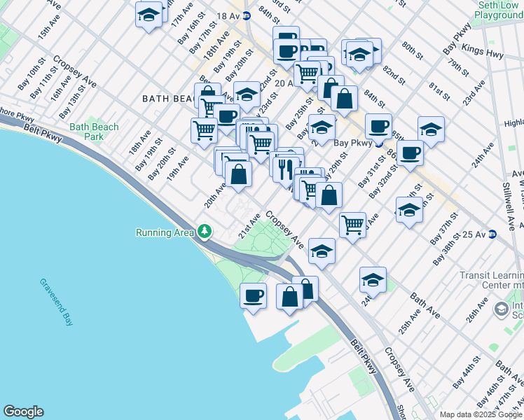 map of restaurants, bars, coffee shops, grocery stores, and more near 8818 21st Avenue in Brooklyn