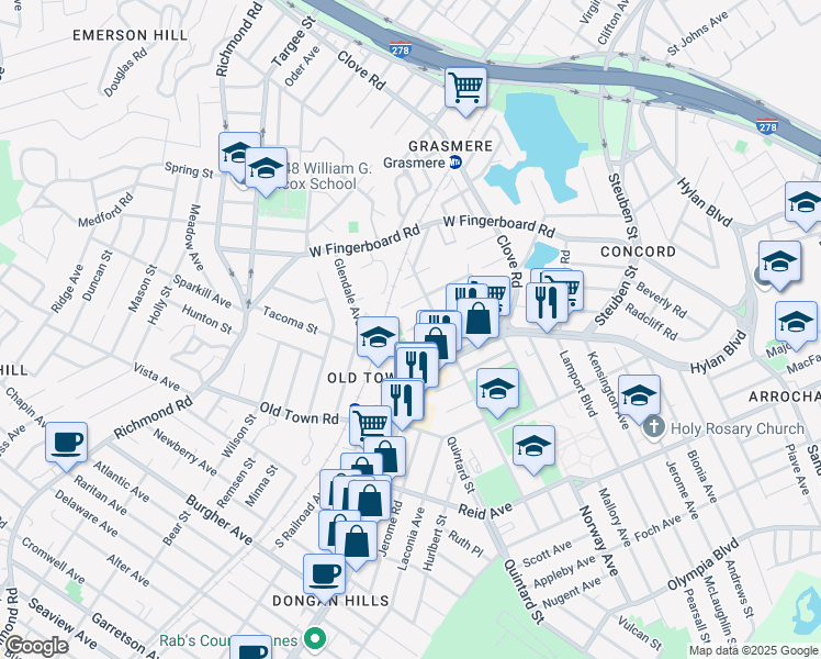 map of restaurants, bars, coffee shops, grocery stores, and more near 121 Fayette Avenue in Staten Island
