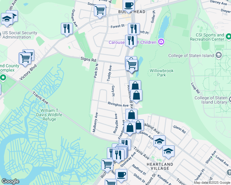 map of restaurants, bars, coffee shops, grocery stores, and more near 44 Freedom Avenue in Staten Island