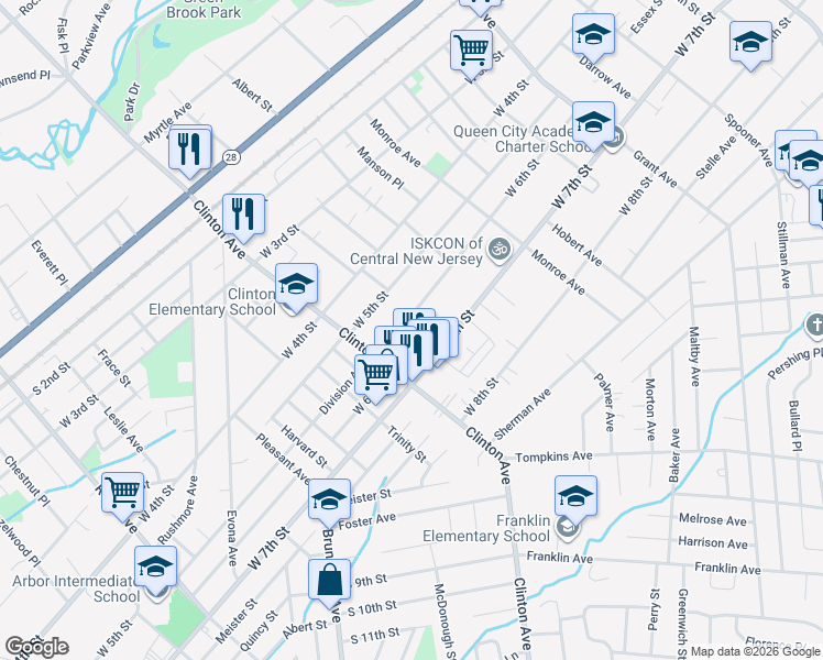 map of restaurants, bars, coffee shops, grocery stores, and more near 1207 West 6th Street in Plainfield