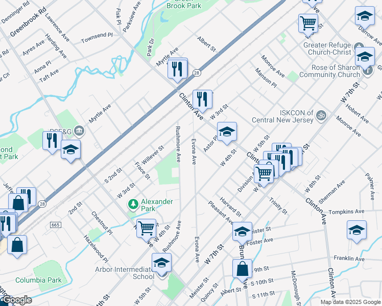 map of restaurants, bars, coffee shops, grocery stores, and more near 320 Evona Avenue in Plainfield