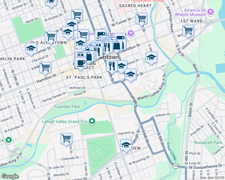 map of restaurants, bars, coffee shops, grocery stores, and more near 700 Union Street in Allentown