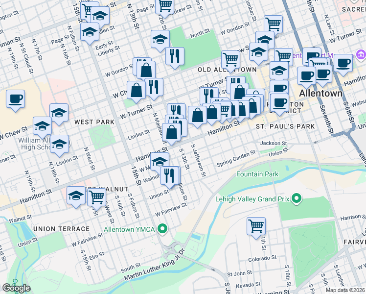map of restaurants, bars, coffee shops, grocery stores, and more near 1227 Pennsylvania 222 in Allentown