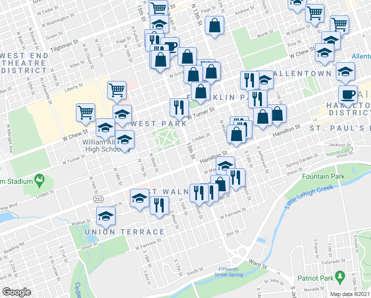 map of restaurants, bars, coffee shops, grocery stores, and more near 44 North 15th Street in Allentown