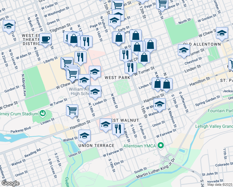 map of restaurants, bars, coffee shops, grocery stores, and more near 132 North West Street in Allentown