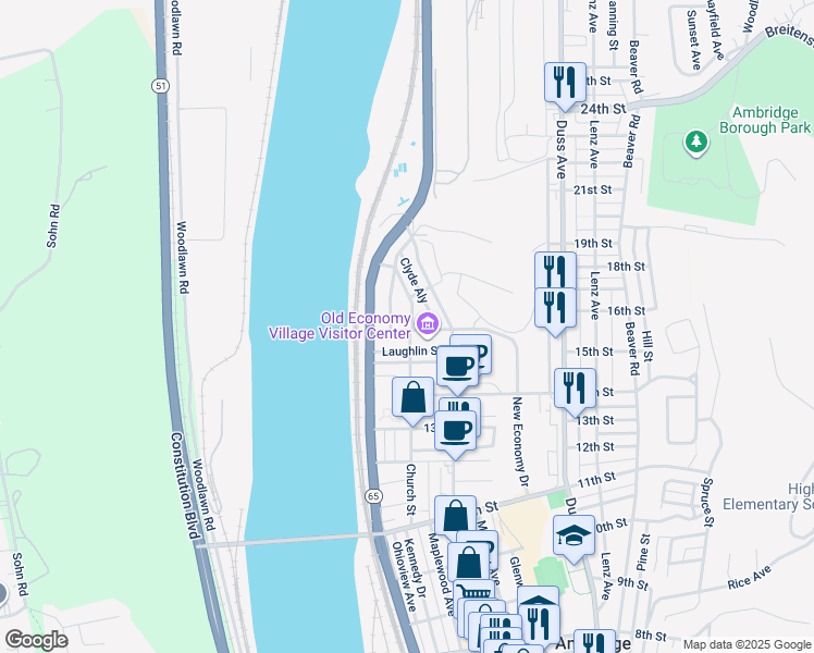 map of restaurants, bars, coffee shops, grocery stores, and more near 1610 Church Street in Ambridge