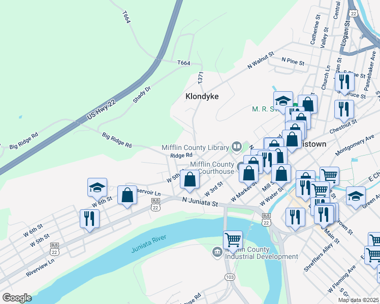map of restaurants, bars, coffee shops, grocery stores, and more near 10 Ridge Road in Lewistown