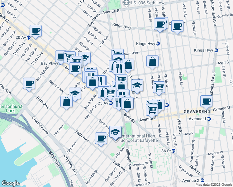 map of restaurants, bars, coffee shops, grocery stores, and more near 2502 84th Street in Brooklyn