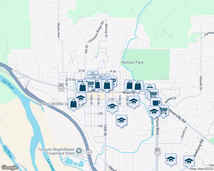 map of restaurants, bars, coffee shops, grocery stores, and more near 1156 Main Street in Fortuna