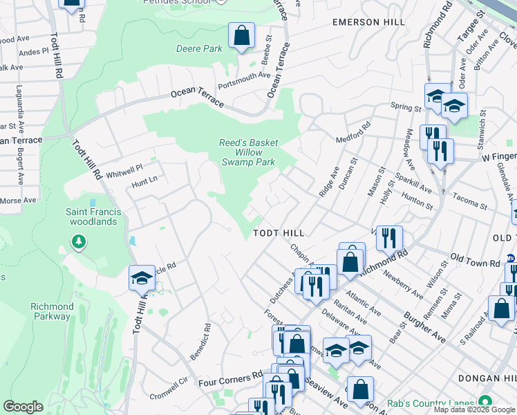 map of restaurants, bars, coffee shops, grocery stores, and more near 44 Hillview Place in Staten Island