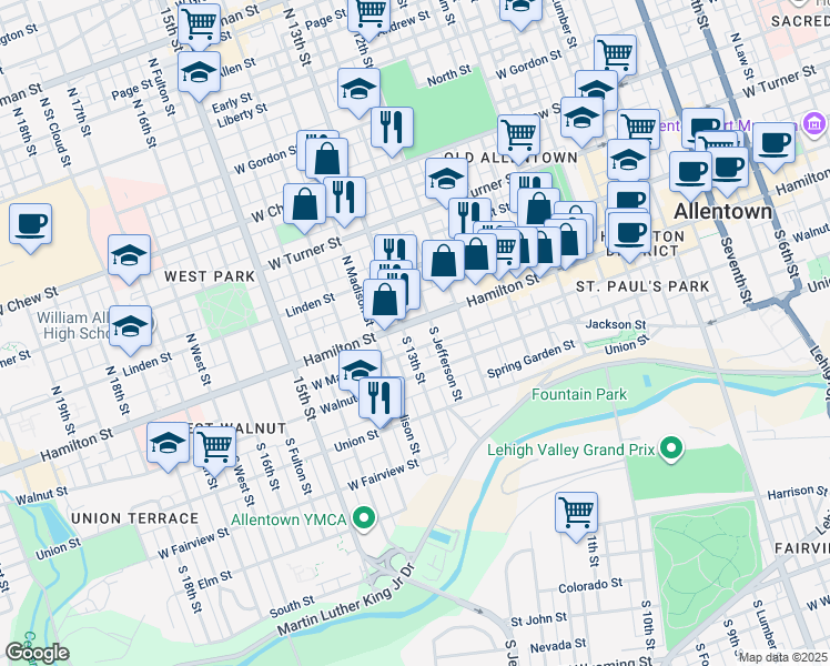map of restaurants, bars, coffee shops, grocery stores, and more near 1227 Pennsylvania 222 in Allentown