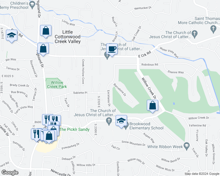 map of restaurants, bars, coffee shops, grocery stores, and more near 8387 Escalante Drive in Sandy