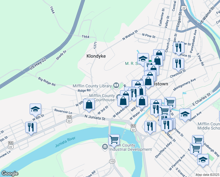 map of restaurants, bars, coffee shops, grocery stores, and more near 1 West 4th Street in Lewistown