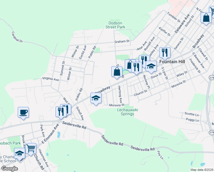 map of restaurants, bars, coffee shops, grocery stores, and more near 1559 Broadway in Bethlehem