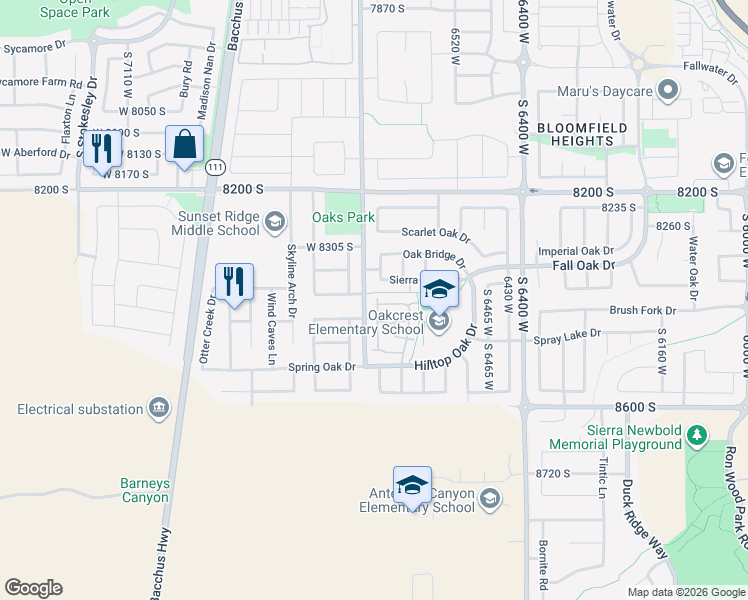 map of restaurants, bars, coffee shops, grocery stores, and more near 8404 Ivy Springs Lane in West Jordan