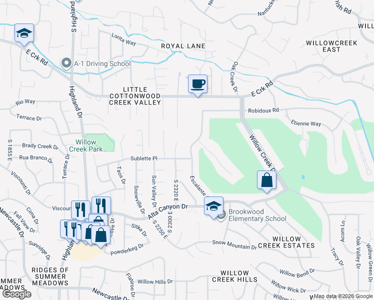 map of restaurants, bars, coffee shops, grocery stores, and more near 8392 South Escalante Drive in Sandy