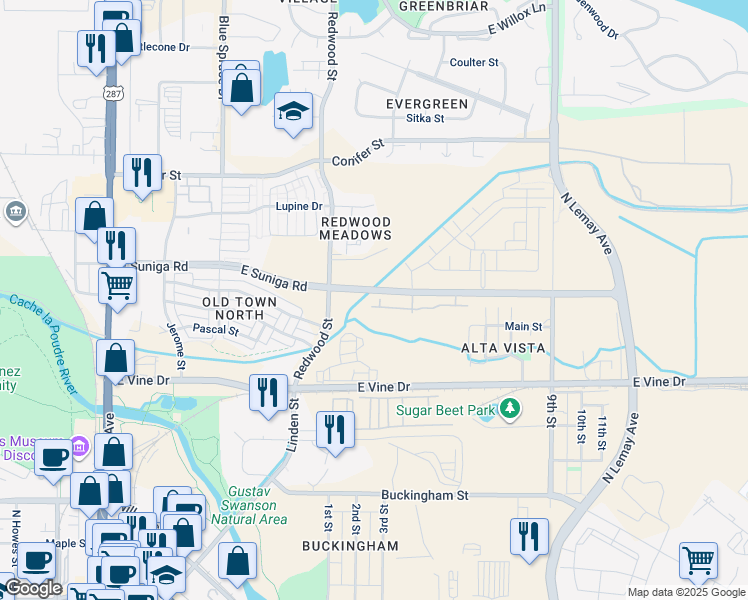 map of restaurants, bars, coffee shops, grocery stores, and more near 703 Mangold Lane in Fort Collins