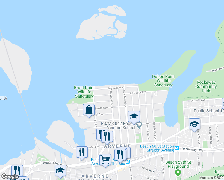 map of restaurants, bars, coffee shops, grocery stores, and more near 68-17 Bayfield Avenue in Queens