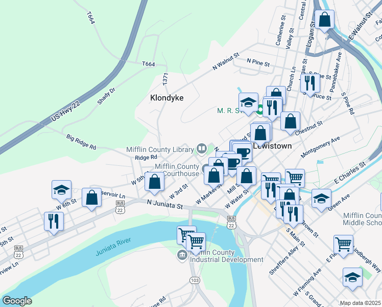map of restaurants, bars, coffee shops, grocery stores, and more near 1 West 4th Street in Lewistown