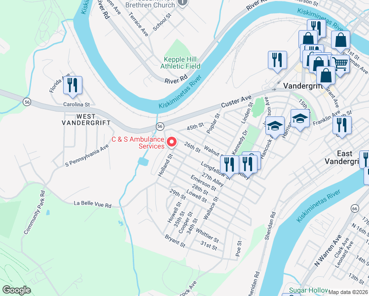 map of restaurants, bars, coffee shops, grocery stores, and more near 514 Longfellow Street in Vandergrift