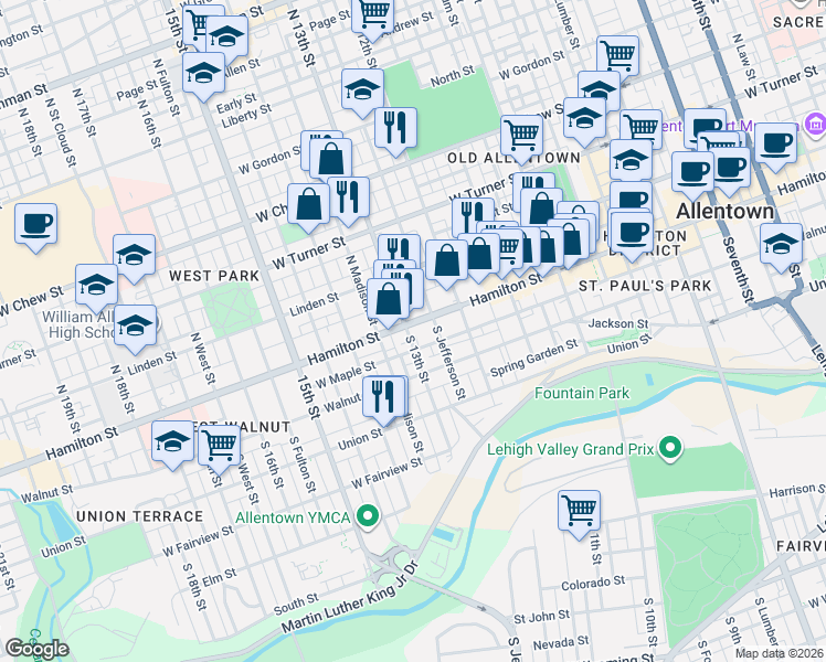 map of restaurants, bars, coffee shops, grocery stores, and more near 1248 Hamilton Street in Allentown