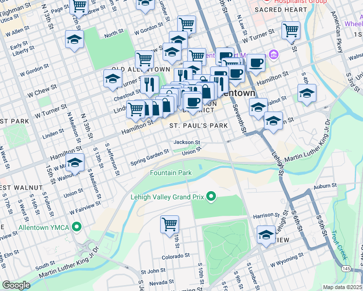 map of restaurants, bars, coffee shops, grocery stores, and more near 927 Jackson Street in Allentown