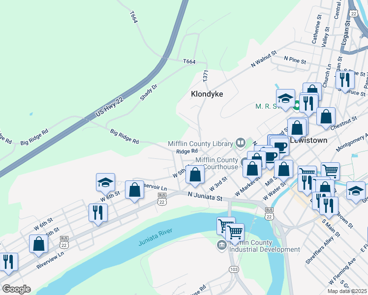 map of restaurants, bars, coffee shops, grocery stores, and more near 32 Ridge Road in Lewistown