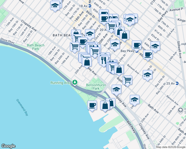 map of restaurants, bars, coffee shops, grocery stores, and more near 2074 Cropsey Avenue in Brooklyn