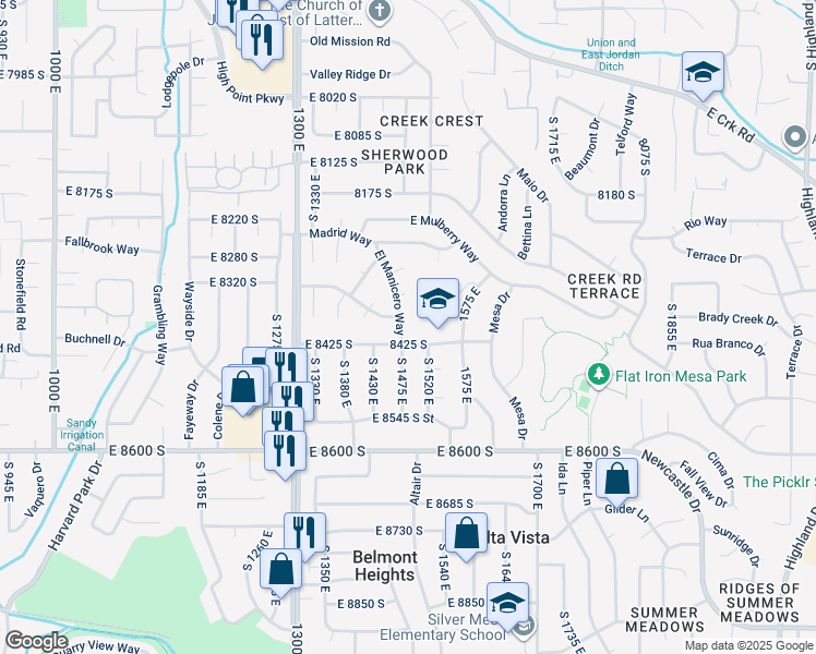map of restaurants, bars, coffee shops, grocery stores, and more near 8395 El Manicero Way in Sandy