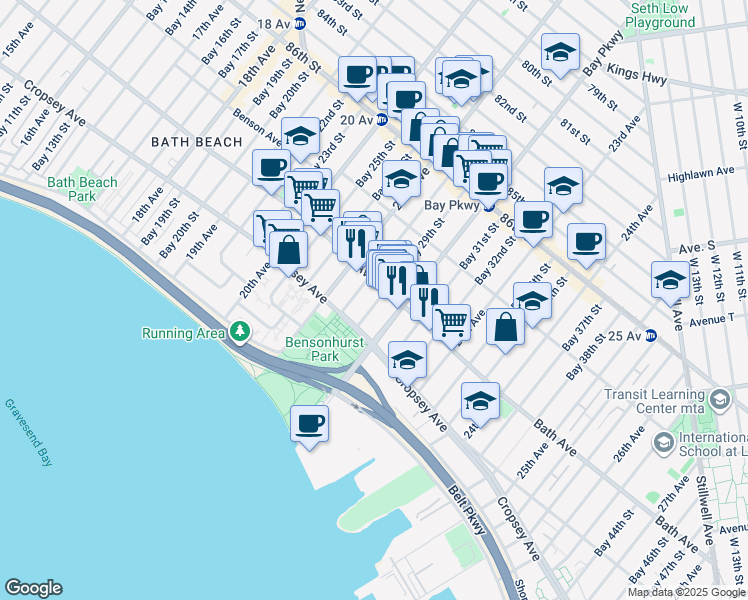 map of restaurants, bars, coffee shops, grocery stores, and more near 184 Bay 29th Street in Brooklyn
