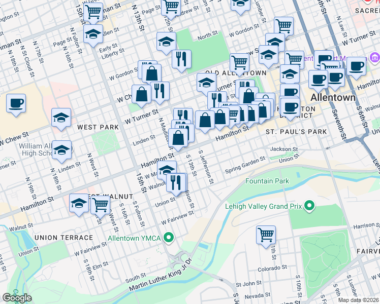 map of restaurants, bars, coffee shops, grocery stores, and more near 1227 Pennsylvania 222 in Allentown