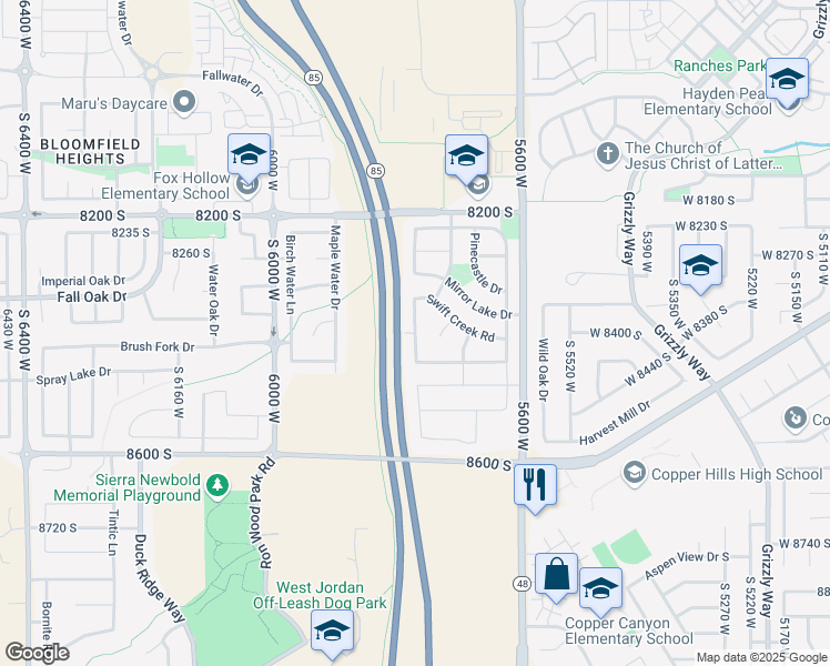 map of restaurants, bars, coffee shops, grocery stores, and more near West Crystal Creek Drive in West Jordan