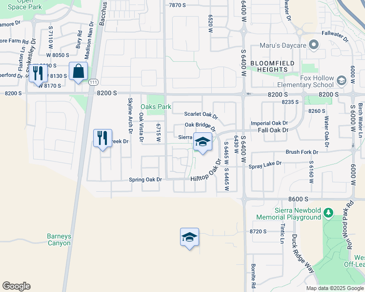map of restaurants, bars, coffee shops, grocery stores, and more near 6617 Sierra Oaks Drive in West Jordan