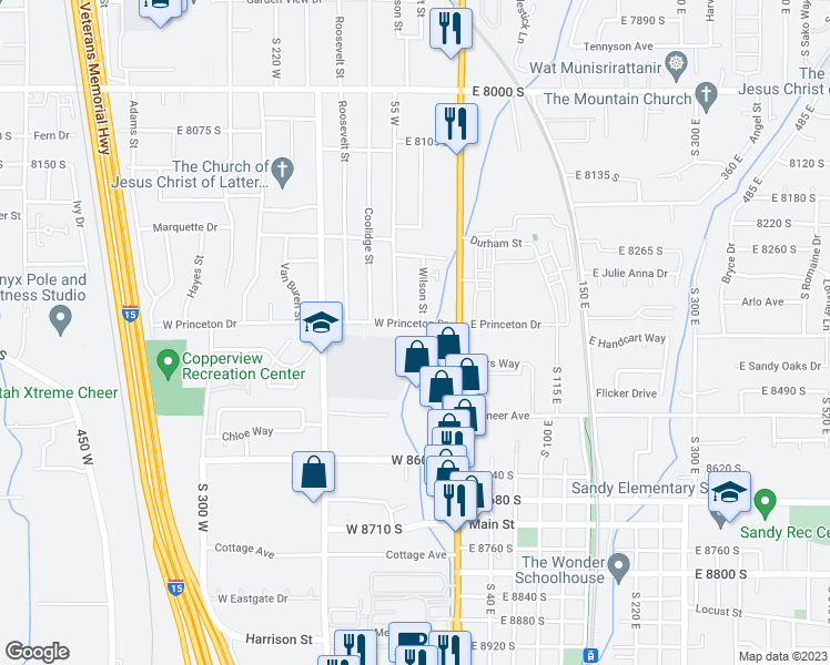 map of restaurants, bars, coffee shops, grocery stores, and more near 33 West Princeton Drive in Midvale