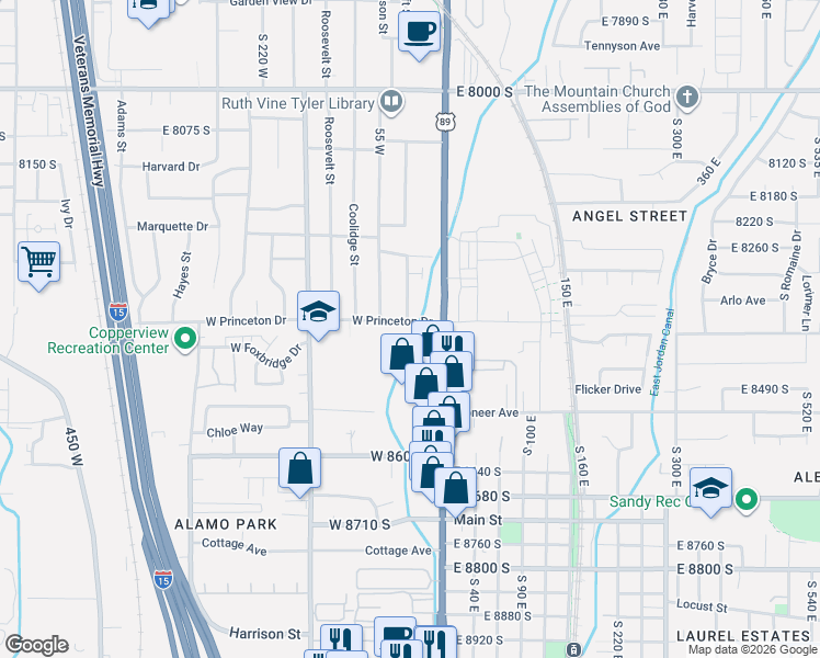 map of restaurants, bars, coffee shops, grocery stores, and more near 27 West Princeton Drive in Midvale