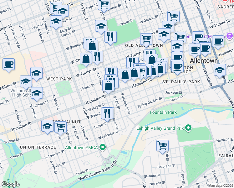 map of restaurants, bars, coffee shops, grocery stores, and more near 1248 Hamilton Street in Allentown