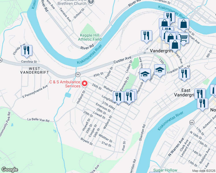 map of restaurants, bars, coffee shops, grocery stores, and more near 315 Sycamore Street in Vandergrift