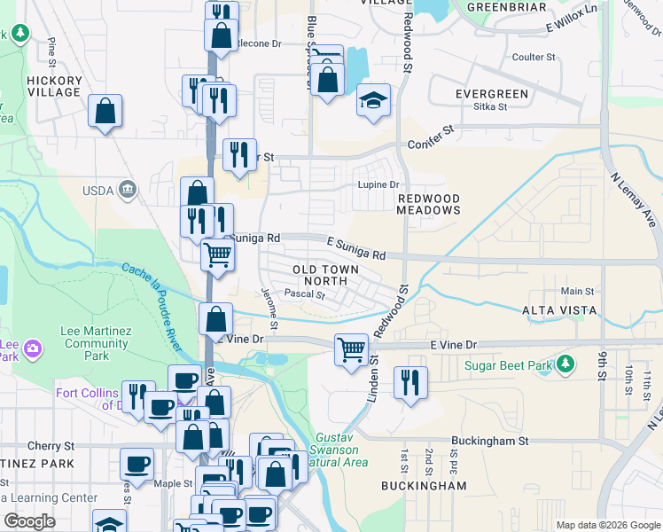 map of restaurants, bars, coffee shops, grocery stores, and more near 392 Osiander Street in Fort Collins