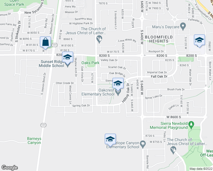map of restaurants, bars, coffee shops, grocery stores, and more near 6617 Sierra Oaks Drive in West Jordan