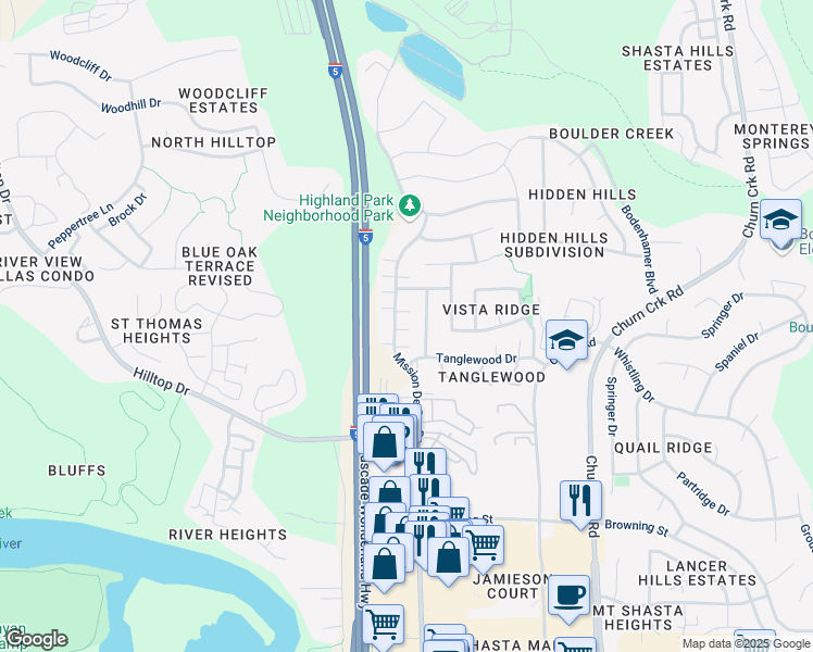 map of restaurants, bars, coffee shops, grocery stores, and more near 674 Mission De Oro Drive in Redding