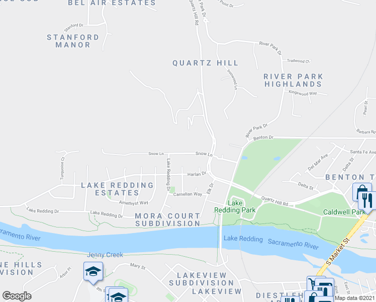 map of restaurants, bars, coffee shops, grocery stores, and more near 2424 Snow Lane in Redding