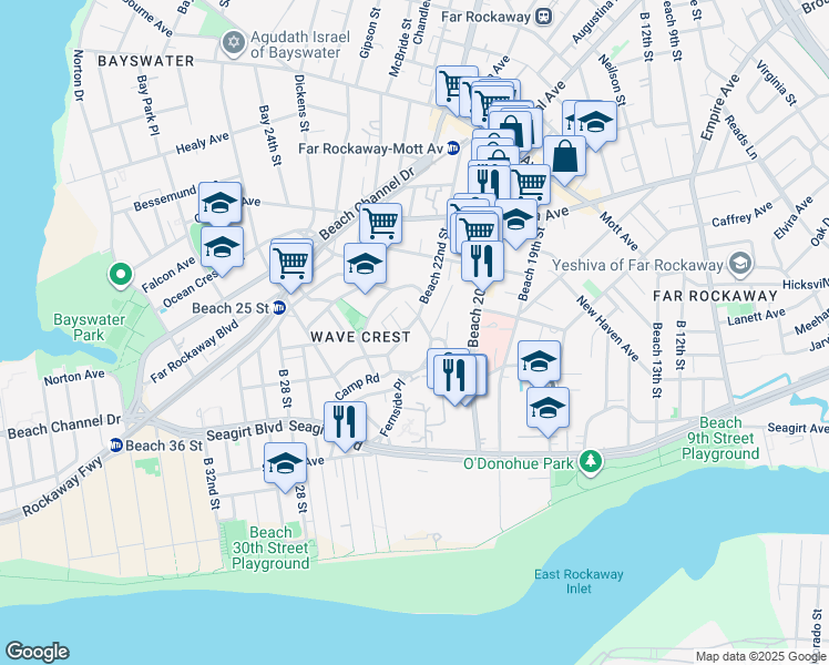 map of restaurants, bars, coffee shops, grocery stores, and more near 4-44 Beach 22nd Street in Queens