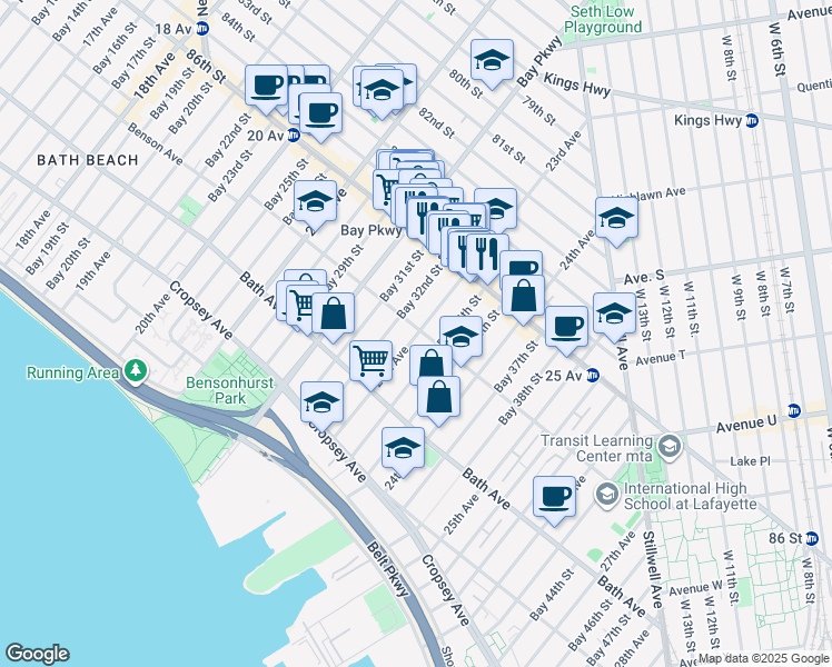 map of restaurants, bars, coffee shops, grocery stores, and more near 2260 Benson Avenue in Brooklyn