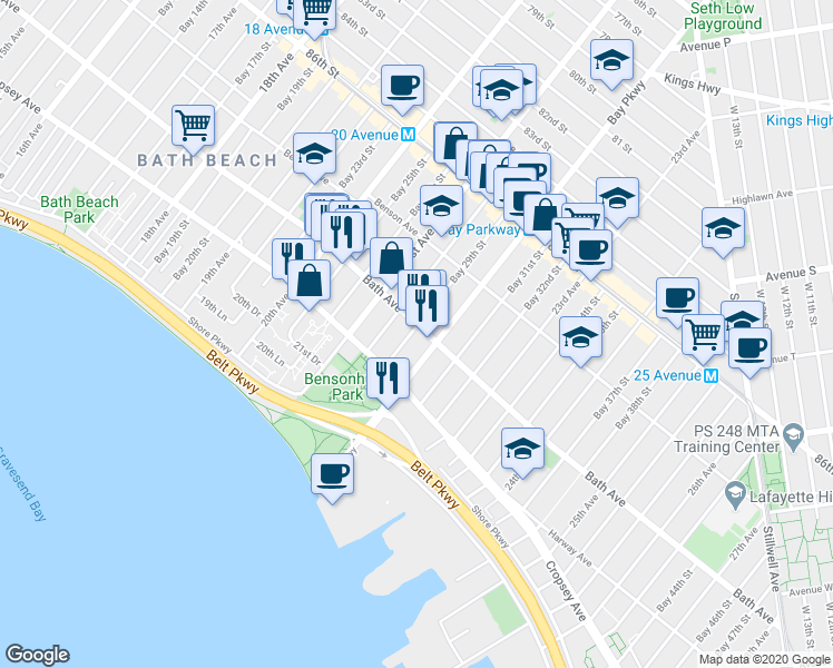 map of restaurants, bars, coffee shops, grocery stores, and more near 2149 Bath Avenue in Brooklyn