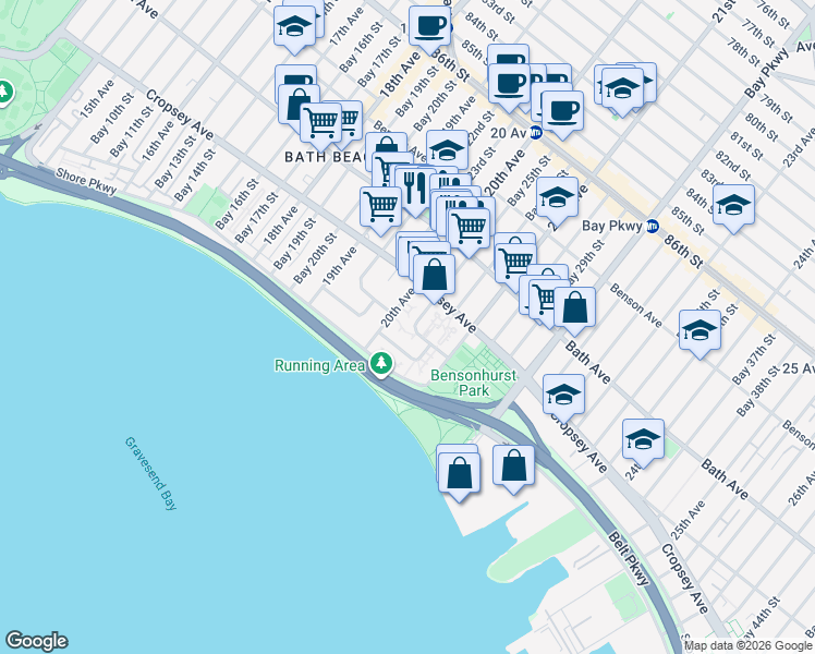 map of restaurants, bars, coffee shops, grocery stores, and more near 8871 20th Avenue in Brooklyn