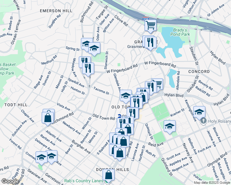 map of restaurants, bars, coffee shops, grocery stores, and more near 71 Providence Street in Staten Island