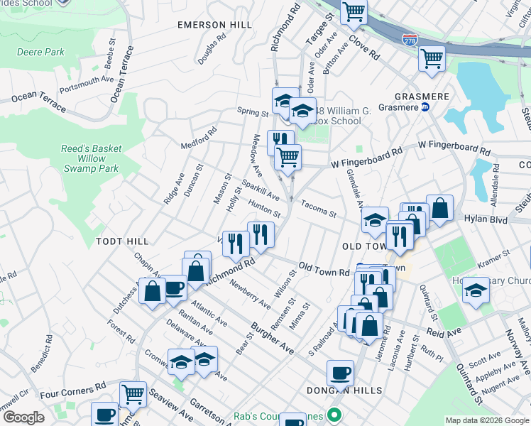 map of restaurants, bars, coffee shops, grocery stores, and more near 19 Hunton Street in Staten Island